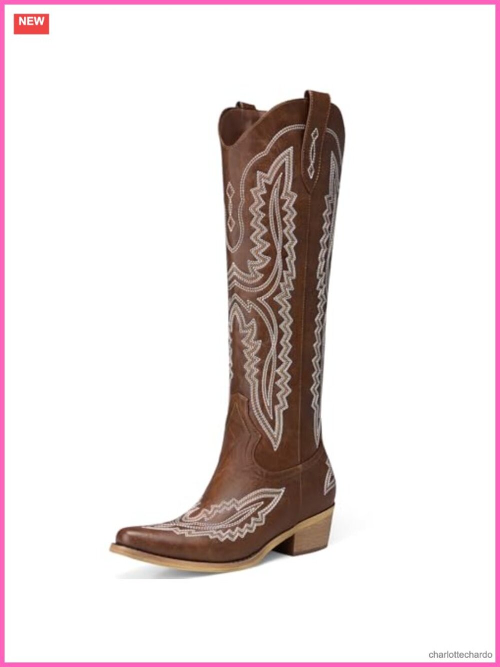 Knee High Cowgirl Boots Wide Calf Faux Leather Pointed Toe Low Heel Side Zip